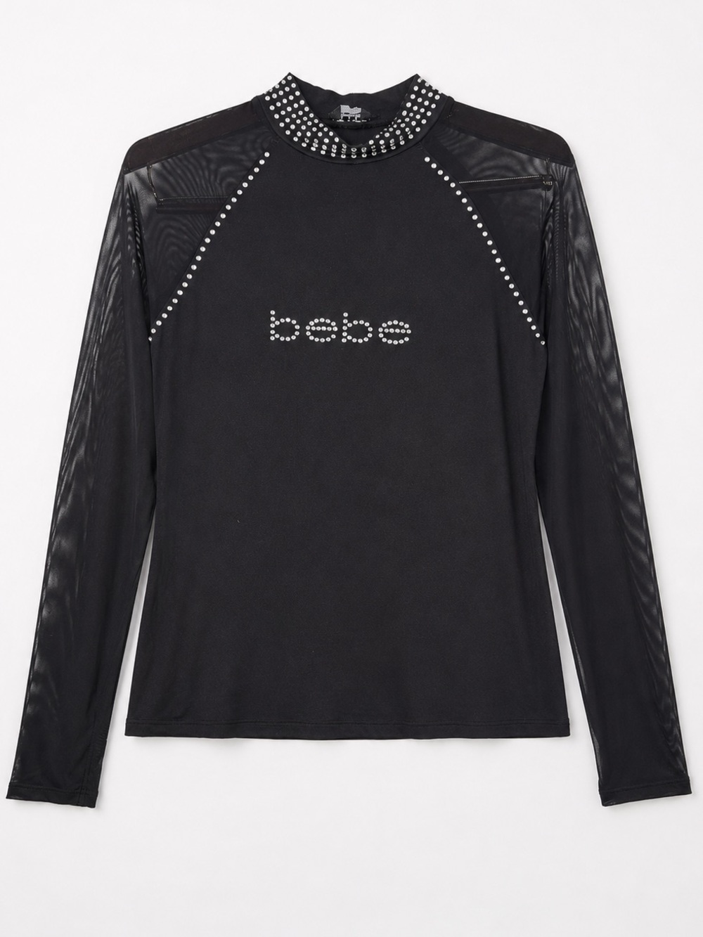 Bebe Rhinestone Logo Sheer Mesh Long Sleeve Top Black XL